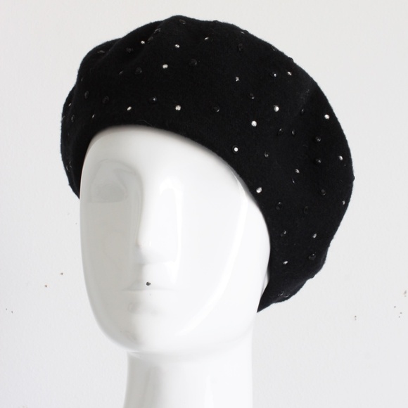 Norma Kamali OMO Hat Beret Black Wool Embellished Rare Retro Vintage 80s